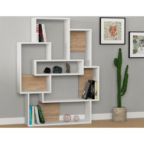 Bibliothèque 132 cm chêne clair et blanc mat avec étagères - Pola