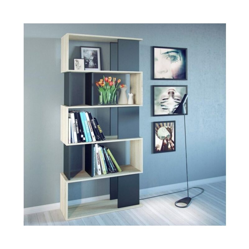 Bibliothèque 174 cm noir mat et chêne avec 5 étagères | Chêne et noir