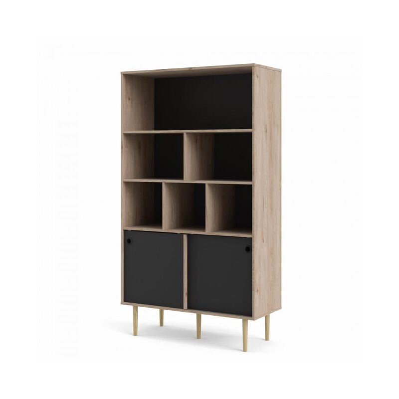 Bibliothèque 175 cm noir mat et chêne avec deux portes coulissantes et six étagères | Noir et chêne