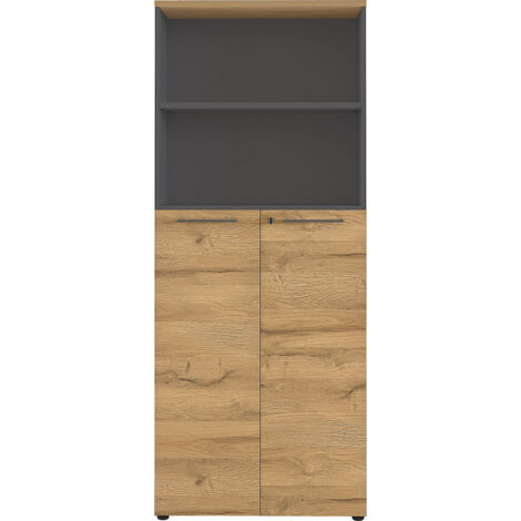 Bibliothèque 2 portes 80x40x197 cm gris foncé et chêne - ISKMO