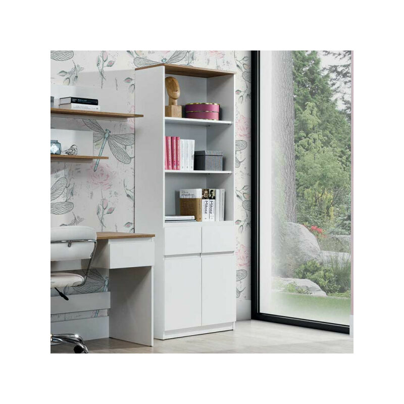 TMM - Bibliothèque 2 portes battantes 1 tiroir Blanc/Bois - qiz - l 68.5 x l 35 x h 194 cm