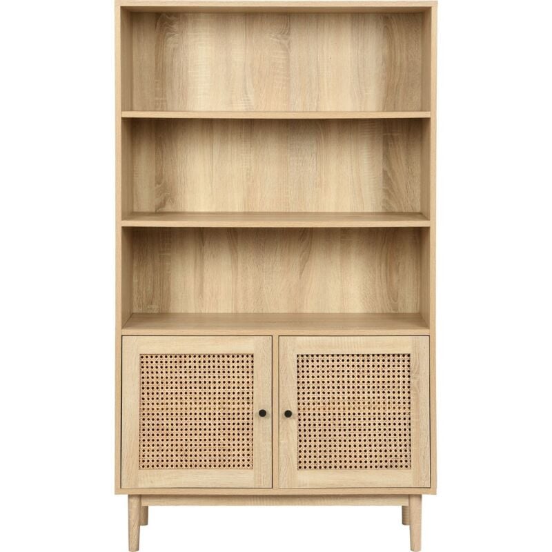 Homifab - Bibliothèque 2 portes couleur chêne et cannage 84 cm - Dali