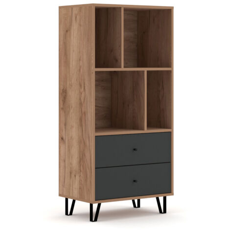 Bibliothèque 2 tiroirs 135,2 cm décor chêne brun et gris - BLIBZ
