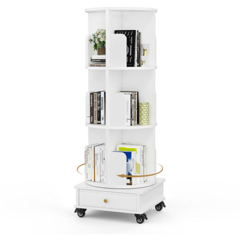 Bibliothèque 3 étagères, rotative à 360°, avec roulettes, 40x40x110 cm, blanche