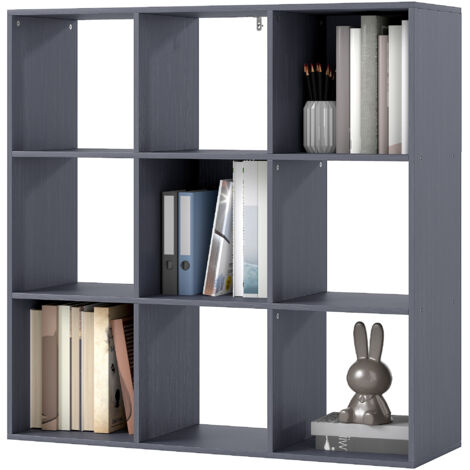 Bibliothèque 3 niveaux 9 compartiments grise 91x29,5x91cm pour salon bureau chambre