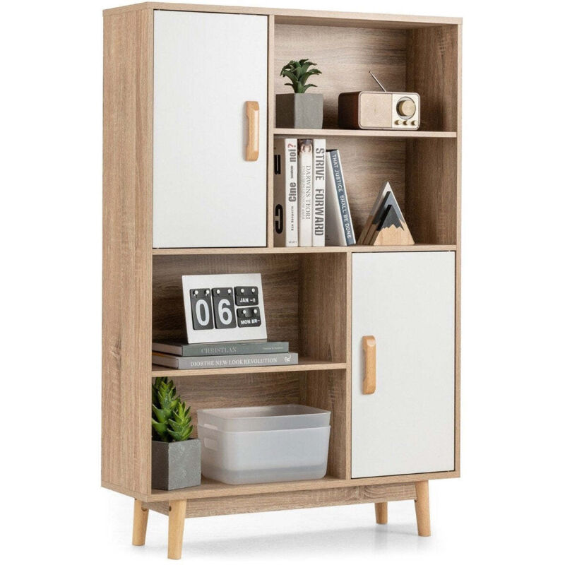 Northix - Bibliotheque 4 niveaux avec 2 portes 4 etageres ouvertes 80 x 24 x 120 cm blanc