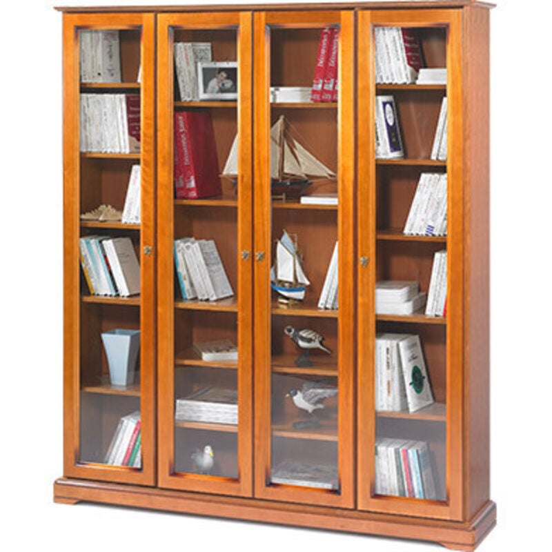 Bibliothèque 4 Portes Vitrées Merisier 18 Niches l 158.8 h 182.2 p 33 cm - marron