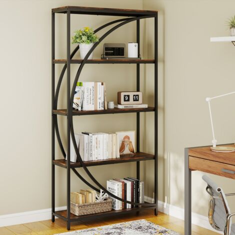 Bibliothèque 5 Niveaux avec Rayonnages Ouverts Étagère Haute Autoportante Design en Arc Cadre Métallique 86 x 30 x 175 cm Marron Rustique