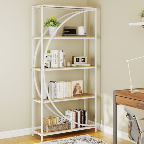 Bibliothèque 5 Niveaux avec Rayonnages Ouverts Étagère Haute Autoportante Design en Arc Cadre Métallique 86 x 30 x 175 cm Naturel