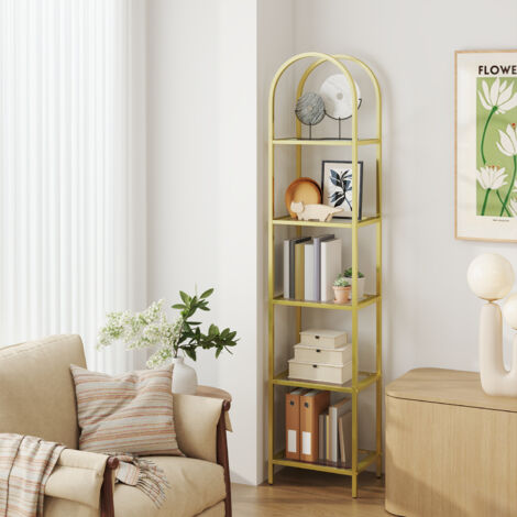 Bibliothèque 5 Niveaux, Étagère de Rangement en Verre Trempé, Dessus Arqué, Structure en Métal, pour Salon, Chambre, Bureau, Salle de Bain, Doré et Transparent
