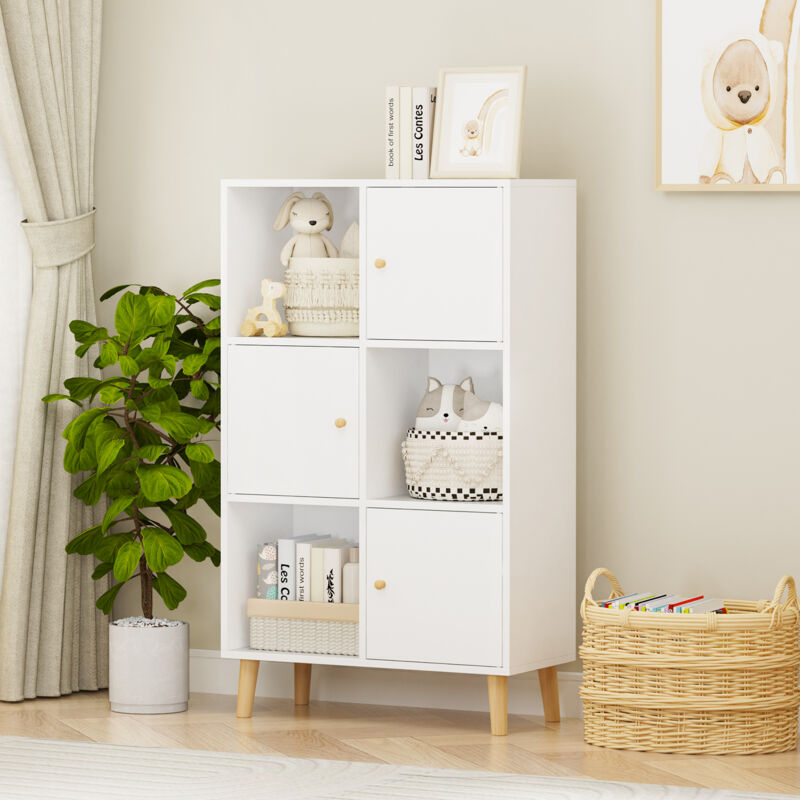 Bibliothèque 6 Compartiments avec 3 Portes, Armoire de Rangement en Bois avec 3 Étagères Style Scandinave pour Livre, Décoration, Jouet, 56x30x110CM