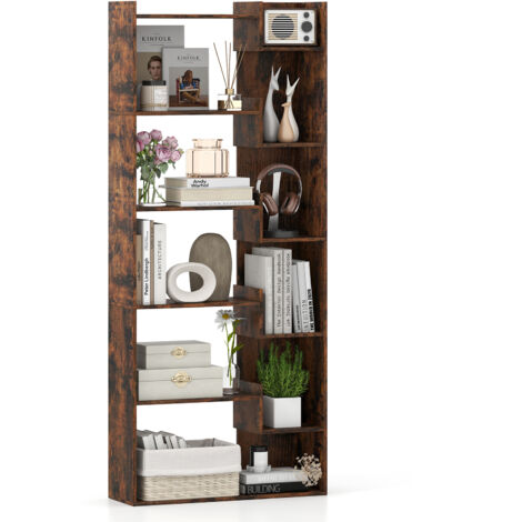 Bibliothèque 6 Niveaux 69 x 22 x 163 cm avec 2 Kits Anti-bascule, 11 Étagères Ouvertes, Patins Pratiques, Style Moderne pour Bureau, Salon, Marron