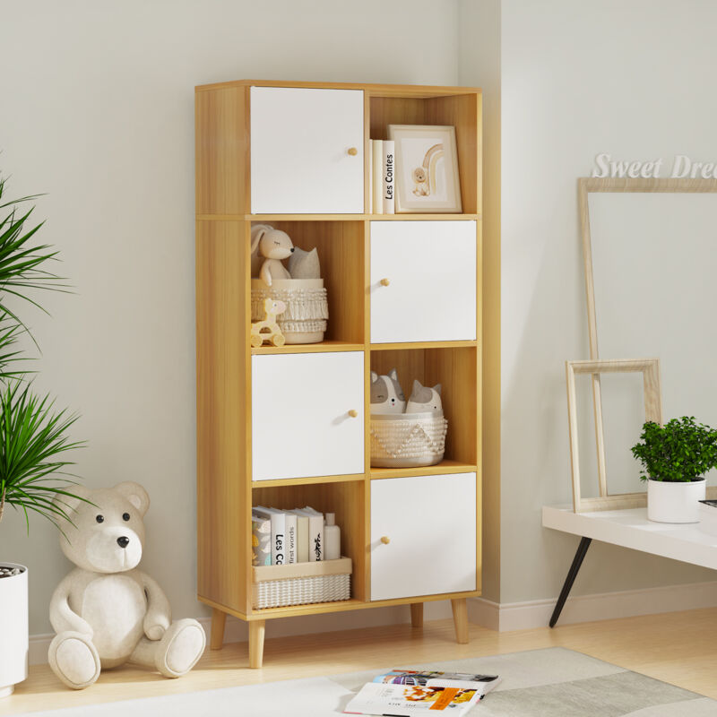 Bibliothèque 8 Compartiments avec 4 Portes, Armoire de Rangement en Bois avec 3 Étagères Style Scandinave pour Livre, Décoration, Jouet, 56x30x138CM