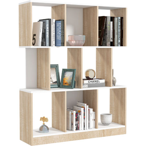 Bibliothèque 8 étagères salon chambre, carton grisé, 100x27x124 cm, blanc et chêne