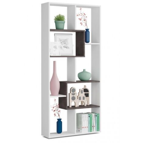 Bibliothèque 80x25x180 cm blanc mat et effet oxyde avec 8 compartiments – Geri
