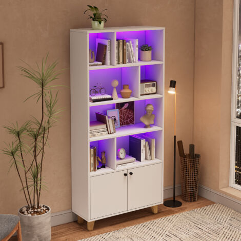 Bibliothèque 80x30x173 cm - 4 Niveaux + Placard 2 Portes - LED Connectée - Pieds Bois Massif - Structure MDF - Blanc