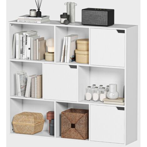 Bibliothèque-9-Compartiments-Cubes-3-Portes-6-Étagères-Libres-Panneau-de-Particules-Blanc-Pour-Salon-Chambre-106x24x95(cm)