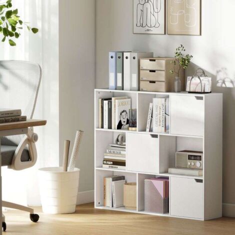 Bibliothèque 9 Cubes avec 3 Portes et 6 Cases Ouvertes, Étagère de Rangement Modulaire et Design, 106 x 24 x 95 cm, Blanc
