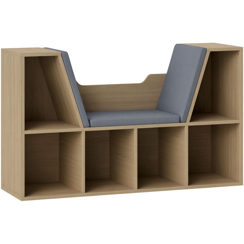Bibliothèque banc 2 en 1 design contemporain 6 casiers 3 coussins fournis 102L x 30l x 61H cm aspect chêne clair gris