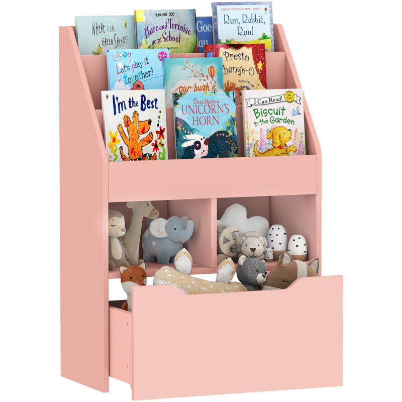 Homcom - Bibliothèque étagère multi-rangement 3 étagères 2 niches grand tiroir mdf rose