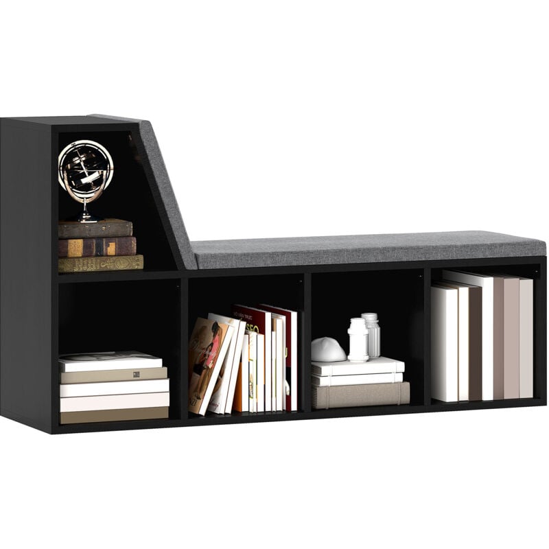 Bibliothèque banc 2 en 1 design contemporain 5 casiers 2 coussins fournis 108L x 30l x 60H cm noir gris chiné
