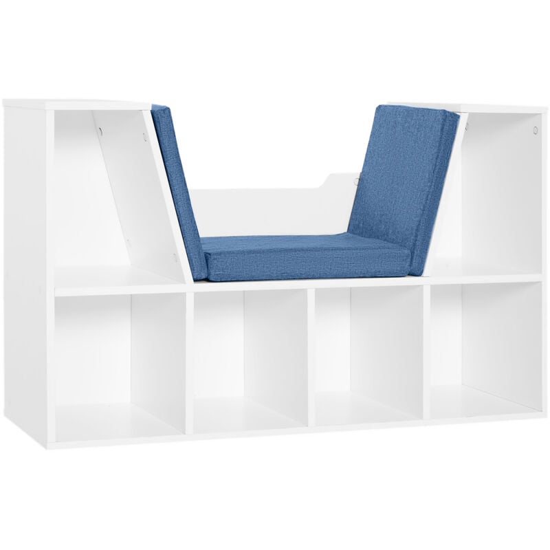 Bibliothèque banc 2 en 1 design contemporain 6 casiers 3 coussins fournis 102L x 30l x 61H cm blanc bleu