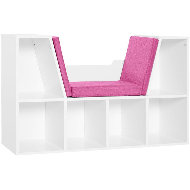 Bibliothèque banc 2 en 1 design contemporain 6 casiers 3 coussins fournis 102L x 30l x 61H cm blanc rose
