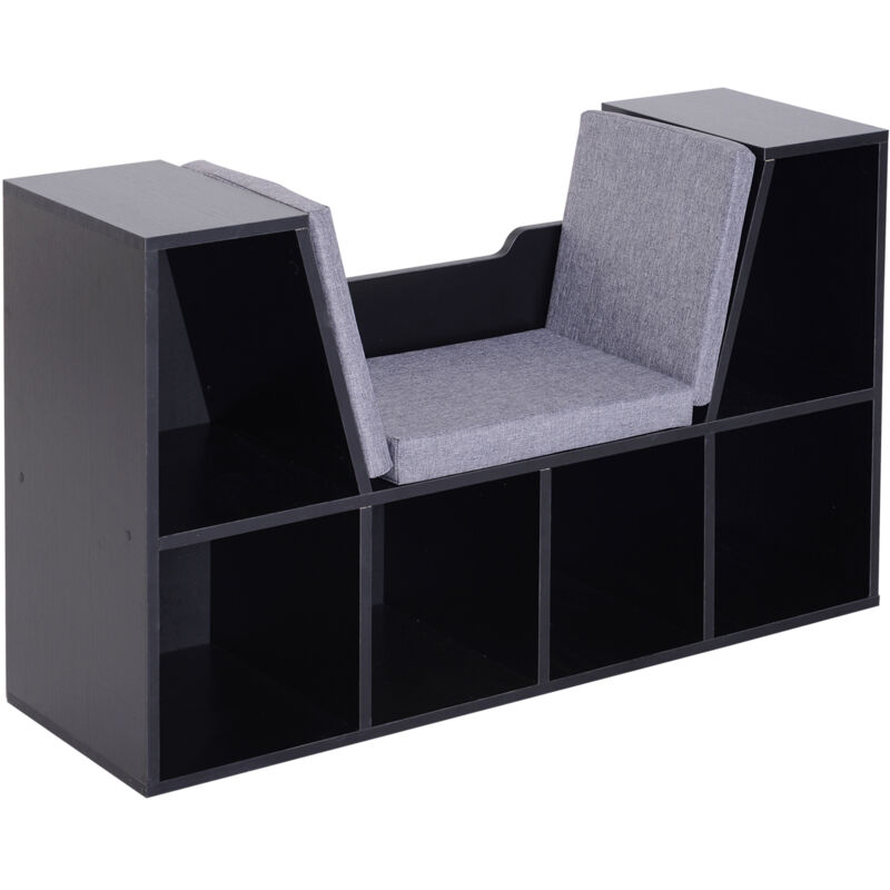 Bibliothèque banc 2 en 1 design contemporain 6 casiers 3 coussins fournis 102L x 30l x 61H cm noir gris