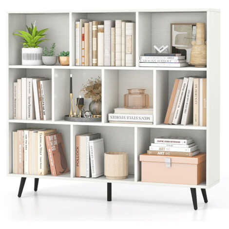 Bibliothèque à 10 Cubes 120 x 24 x 107 cm, Organisateur avec 5 Pieds Métalliques Effilés, Étagère avec 2 Kits Antichute pour Salon, Bureau, Blanc