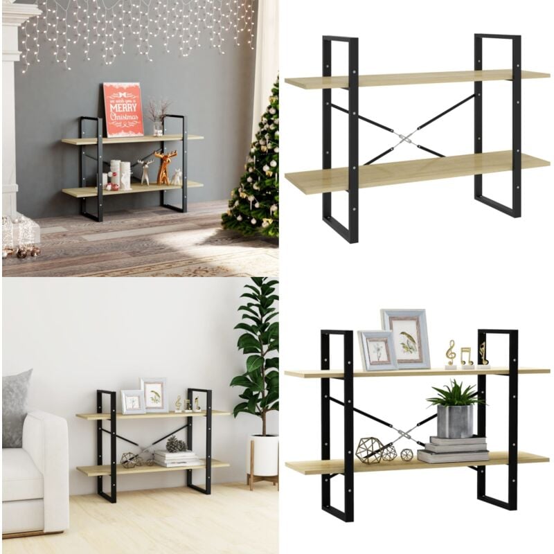 Bibliothèque à 2 niveaux chêne sonoma bois d'ingénierie - Bibliothèque Industrielle - Étagère Design - Meuble Rangement - Bibliothèque Moderne