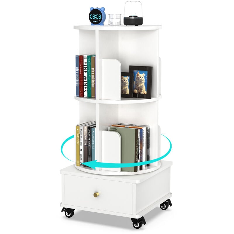 Haloyo - Bibliothèque à 2 niveaux, rotative à 360°, avec roulettes, étagère de rangement, 40 x 40 x 88,5 cm, blanche
