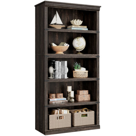Bibliothèque à 3 étages avec rangement à affichage ouvert, bois d'ingénierie pour bureau, salon, chambre à coucher, chêne foncé
