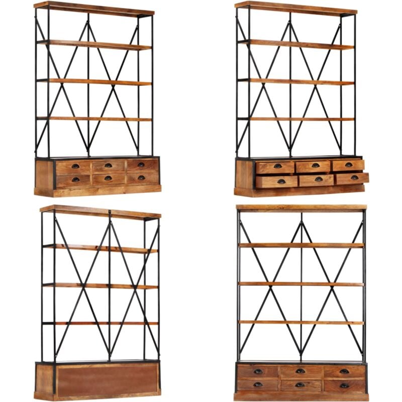 Bibliothèque à 4 étagères avec 6 tiroirs 122x36x181 cm Manguier - Bibliothèque Design - Bibliothèque Industrielle - Bibliothèque Rangement