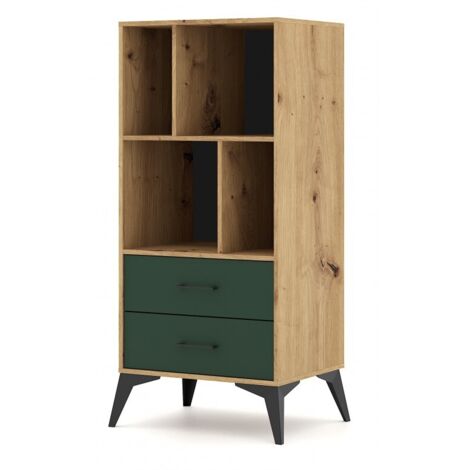 Bibliothèque à 4 étagères et 2 tiroirs LUGO coloris chêne vert 59,9x42x138,40 cm