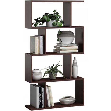 Bibliothèque à 4 niveaux BASK Wengé - Étagère de Rangement Style contemporain - 76.4 x 28 x 141