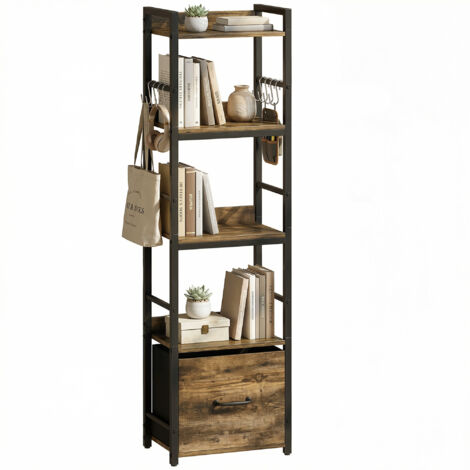 Bibliothèque à 4 niveaux, étagère de rangement étroite avec tiroir, 8 crochets, 39 x 26 x 136,5 cm, brun rustique