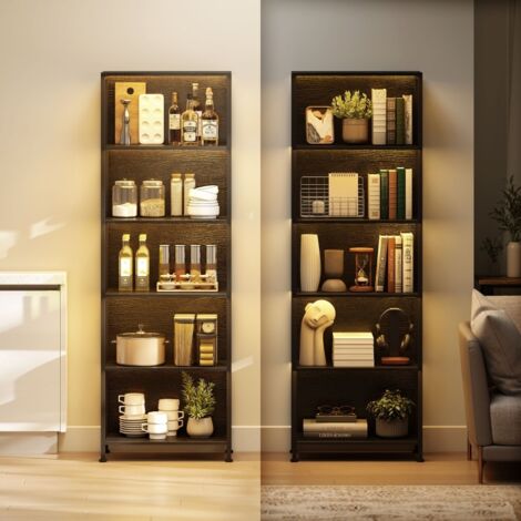 Bibliothèque à 5 niveaux avec éclairage LED 7 couleurs lumineuses réglables, étagère de rangement design pour salon intérieur, dimensions 60 x 30 x 179 cm, finition noire élégante et stable