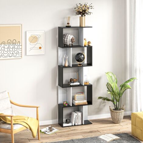 Bibliothèque à 5 niveaux en forme de S, meuble de rangement design noir et blanc, dimensions 60 x 24 x 184,5 cm, idéale pour salon, chambre et bureau
