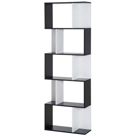 Bibliothèque à 5 niveaux en forme S avec étagères pour salon chambre et bureau 60 x 24 x 184,5 cm noir et blanc