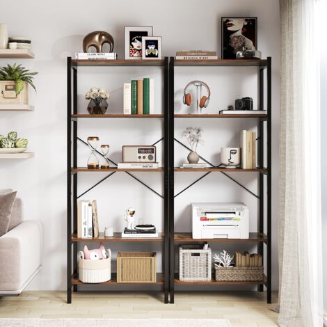 Bibliothèque à 5 Niveaux Hauteur 161 CM Étagère Autoportante avec Cadre en Métal et Doubles Kits Anti-Basculement Brun Rustique & Noir