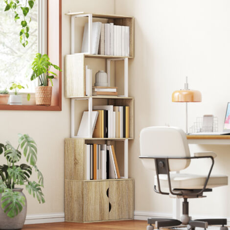 Bibliothèque à 5 niveaux. meuble de rangement avec étagères et placard double porte. 60 x 23.8 x 179.2 cm. bois naturel