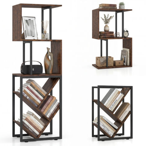 Bibliotheque à 6 Niveaux, Etagere Rangement en Forme S avec 5 Compartiments Ouvertes, Patins Antidérapants et Anti-Basculement, Style