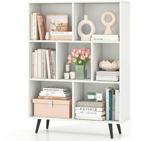 Bibliothèque à 7 Cubes  80 x 24 x 107 cm, Organisateur avec 4 Pieds Métalliques Effilés, Étagère avec 2 Kits Antichute pour Salon, Bureau, Blanc
