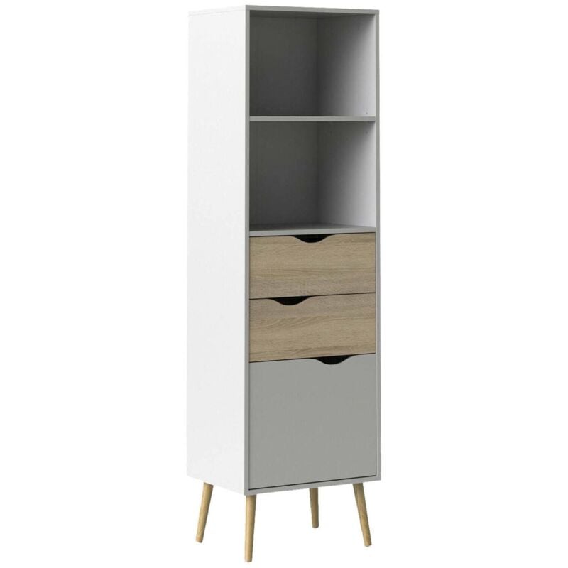 Dmora - Bibliothèque de style scandinave avec deux étagères, deux tiroirs et une porte, blanc et chêne, mesure 50 x 171 x 39 cm