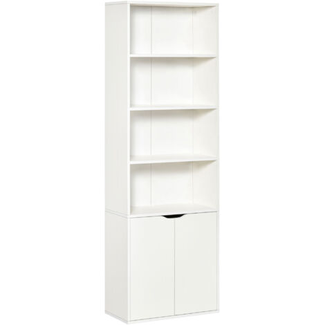 Bibliothèque armoire 4 compartiments ouverts 2 portes salon/bureau, 59x29x180 cm, blanc