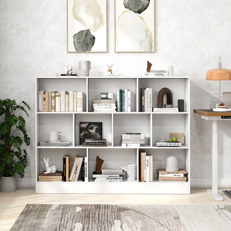 Bibliothèque Armoire à Livres 10 Cases 3 Niveaux Bois Blanc 140 cm Autoportante
