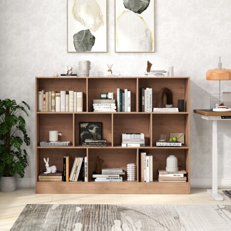 Bibliothèque Armoire à Livres 10 Cases 3 Niveaux Bois Naturel 140 cm Autoportante