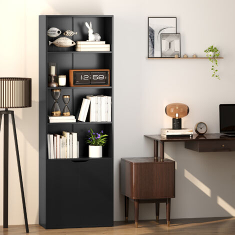 Bibliothèque Armoire à livres avec 4 compartiments ouverts et 2 portes pour le salon et le bureau 59x29x180 cm Noir