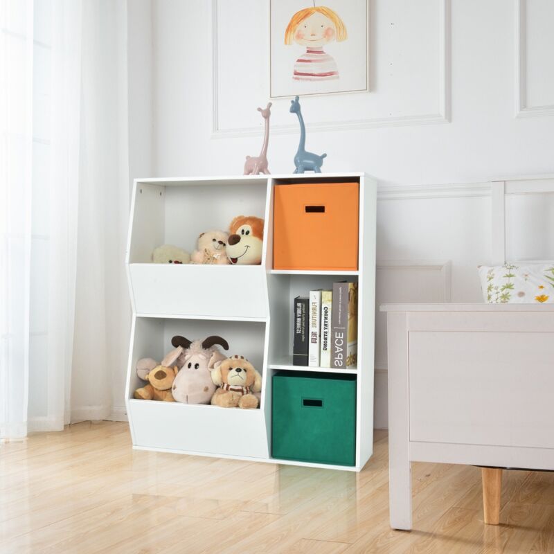 Bibliothèque Armoire à Livres Enfant 2 Paniers 3 Cubes Rangement Ouvert Blanc CW18044