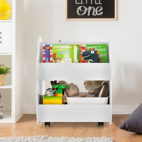 Bibliothèque  Armoire à Livres Enfants 2 Niveaux Roulettes Blanc 62x47x63.5 cm